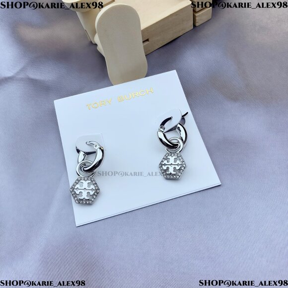 Tory Burch Hex Pavé Huggie Hoop Earrings (Brand New with Dust